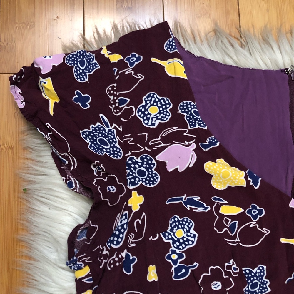 Modcloth Floral Print Flowy Chiffon Hi Low Yellow Plum Purple Maxi Dress size XL - Picture 4 of 16